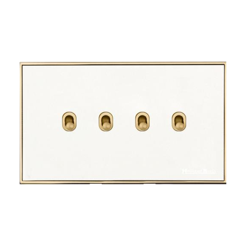 Executive Range Matt White with Polished Brass Switches & Sockets, EX10 - 4 Gang Stockholm Toggle by Heritage Brass By M-Marcus