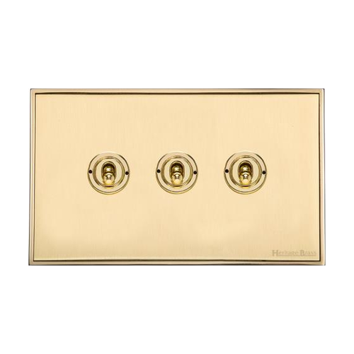 Executive Range Satin Brass with Polished Brass Switches & Sockets, EX14 - 3 Gang Toggle Switch by Heritage Brass By M-Marcus