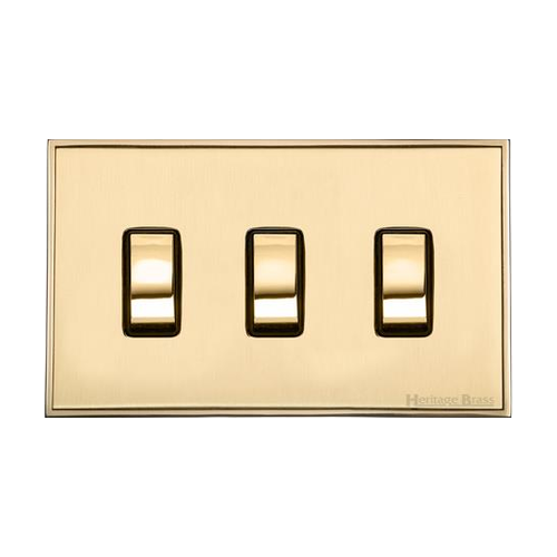 Executive Range Satin Brass with Polished Brass Switches & Sockets, EX14 - 3 Gang Rocker Switch Twin Plate by Heritage Brass By M-Marcus