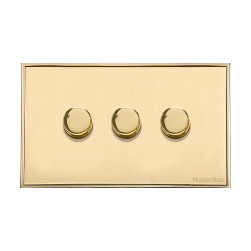 Executive Range Satin Brass with Polished Brass Switches & Sockets, EX14 - 3 Gang Dimmer 250 watts (Compatible with halogen/ incandescent bulbs) by Heritage Brass By M-Marcus