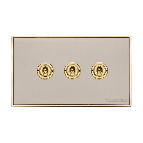 Executive Range Satin Nickel with Polished Brass Switches & Sockets, EX15 - 3 Gang Toggle Switch by Heritage Brass By M-Marcus