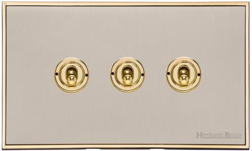 Executive Range Satin Nickel with Polished Brass Switches & Sockets, EX15 - 3 Gang Toggle Switch by Heritage Brass By M-Marcus