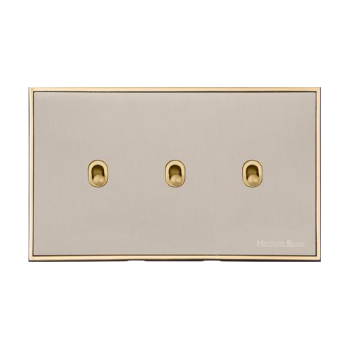 Executive Range Satin Nickel with Polished Brass Switches & Sockets, EX15 - 3 Gang Stockholm Toggle by Heritage Brass By M-Marcus