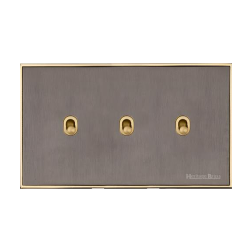 Executive Range Satin Black Nickel with Polished Brass Switches & Sockets, EX16 - 3 Gang Stockholm Toggle by Heritage Brass By M-Marcus