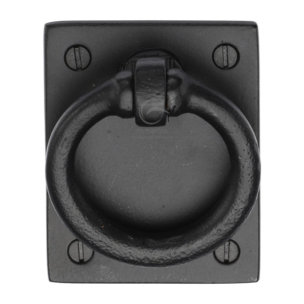 M Marcus - Heritage Brass, Matt Black Iron Rustic Ring Drop Pull On Plate, Cabinet Hardware, Cabinet Ring / Drop Pulls