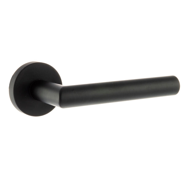 Forme Elle Lever Door Handle on Minimal Round Rose by Atlantic Hardware