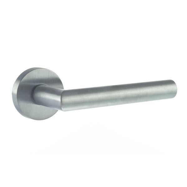 Forme Elle Lever Door Handle on Minimal Round Rose by Atlantic Hardware