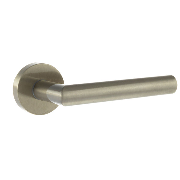 Forme Elle Lever Door Handle on Minimal Round Rose by Atlantic Hardware