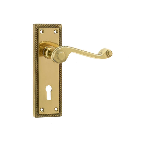 Frelan, Georgian Kontrax suite Door Handle on Lockplate Electro Brassed, Door Handles, Lever Handles On Lock Backplate