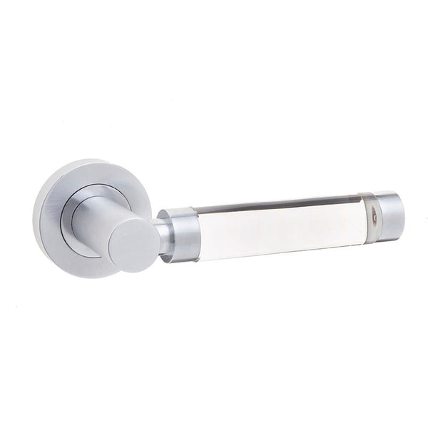 Frelan, Milo Door Handle on Rose Plain Glass/Satin Chrome, Door Handles, Lever Handles On Round Rose