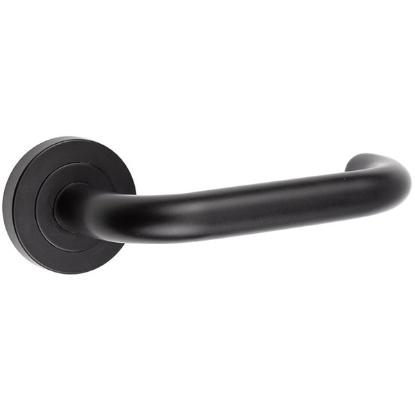 Frelan, Nero Orbit Door Handle on Rose Matt Black, Door Handles, Lever Handles On Round Rose