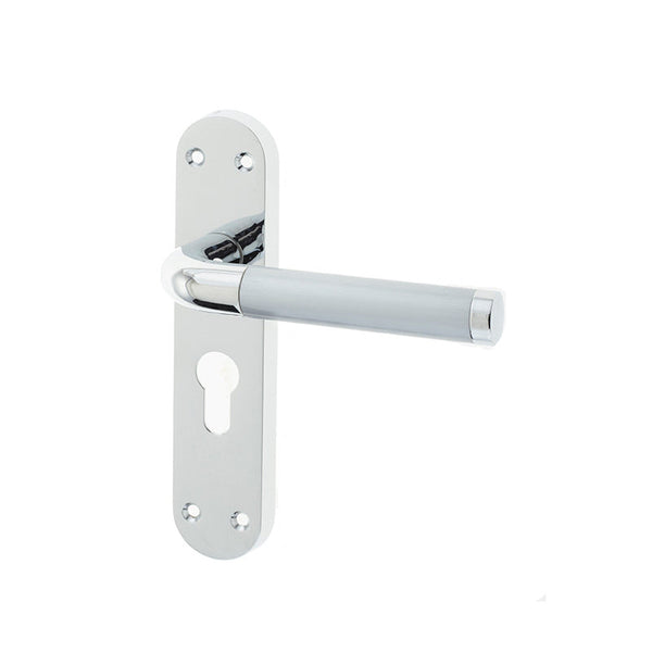 Frelan, Twin Suite Door Handle on Euro Profile Lockplate Polished Chrome/Satin Chrome, Door Handles, Lever Handles On Euro Lock Backplate