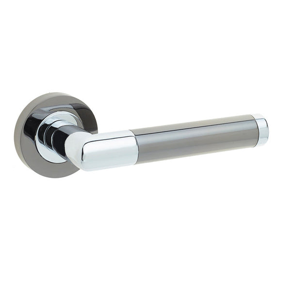 Frelan, Mitred Door Handle on Rose Polished Chrome/Polished Black Nickel, Door Handles, Lever Handles On Round Rose