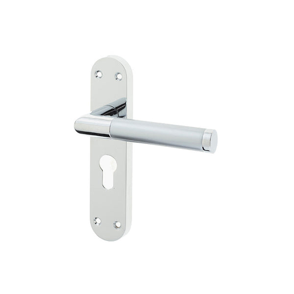 Frelan, Mitred Suite Door Handle on Euro Profile Lockplate Polished Chrome/Satin Chrome, Door Handles, Lever Handles On Euro Lock Backplate