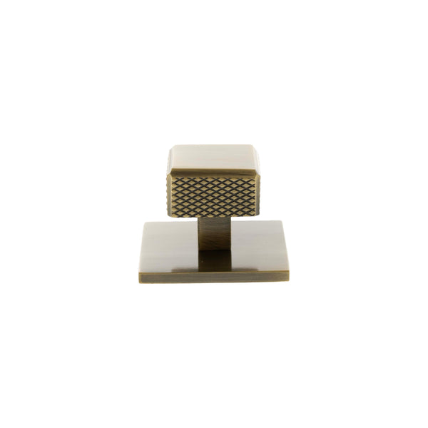 Millhouse Brass Eiffel Knurled Square Cabinet Knob Handle on Backplate by Atlantic Hardware
