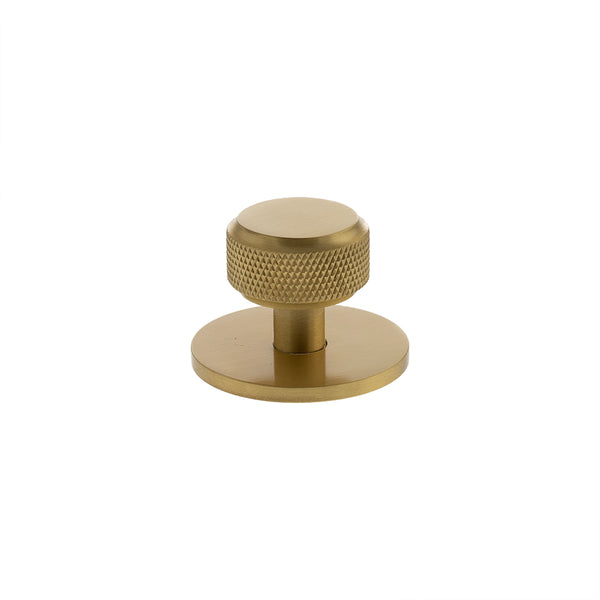 Millhouse Brass Eiffel Knurled Round Cabinet Knob Handle on Backplate by Atlantic Hardware