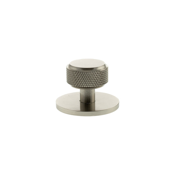 Millhouse Brass Eiffel Knurled Round Cabinet Knob Handle on Backplate by Atlantic Hardware