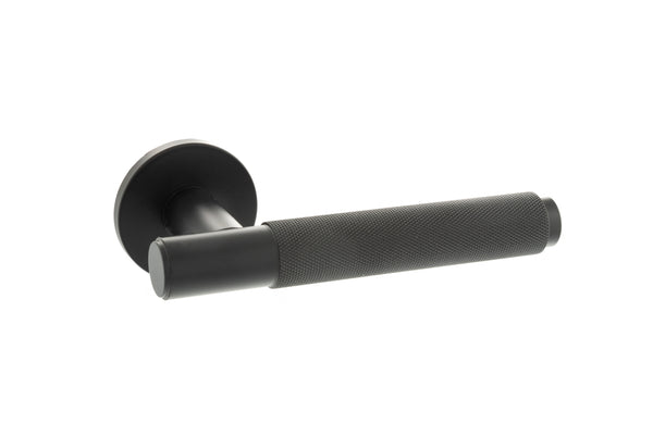 Millhouse Brass Crompton Knurled Lever Door Handle on 5mm Slimline Round Rose by Atlantic Hardware