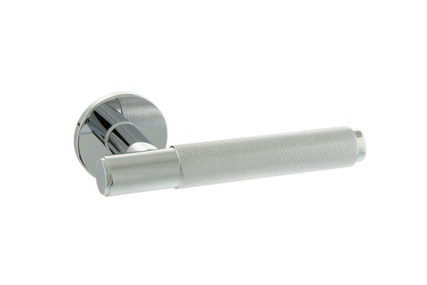 Millhouse Brass Crompton Knurled Lever Door Handle on 5mm Slimline Round Rose by Atlantic Hardware