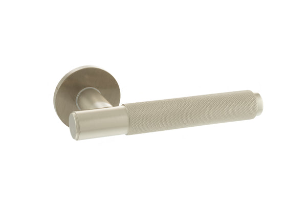 Millhouse Brass Crompton Knurled Lever Door Handle on 5mm Slimline Round Rose by Atlantic Hardware