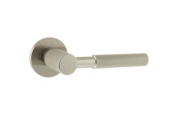Millhouse Brass Mason Knurled Lever Door Handle on 5mm Slimline Round Rose by Atlantic Hardware