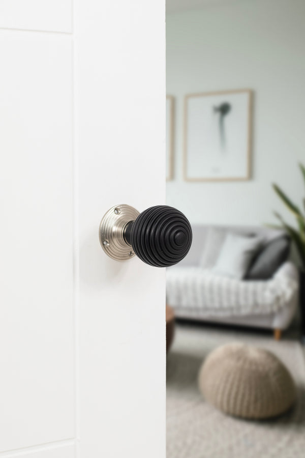 Old English Whitby Ebony Wood Reeded Beehive Mortice Knob on Face Fix Rose - additional image