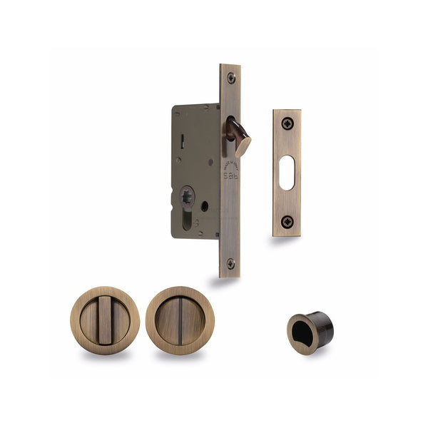 Sliding Lock with Round Privacy Turns - Antique Brass - 40 mm