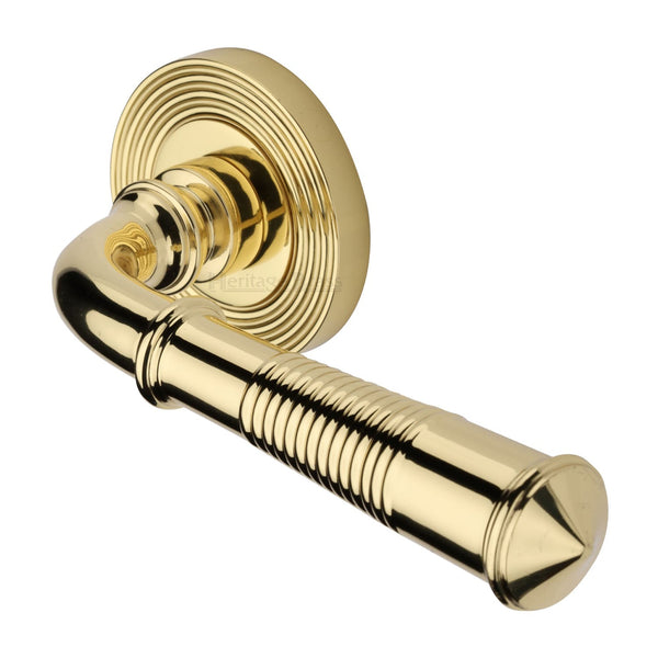 M Marcus - Heritage Brass, Bridgetown Reeded Door Handle on Round Rose, Door Handles, Door Handles on Round Rose