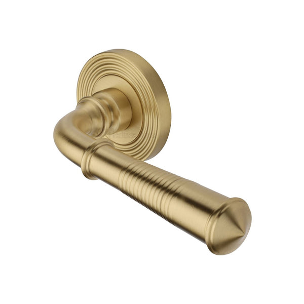 Bridgetown Reeded Door Handle on Round Rose by M Marcus - Heritage Brass