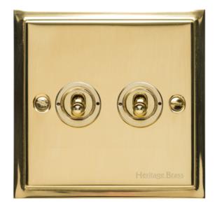 Heritage Brass Electrical, Elite Stepped Plate Range - Polished Brass - 2 Gang Dolly Switch, 2 Gang Dolly Switch, 2 Gang Dolly Switch, 20 Amp 2 Way Dolly Switches