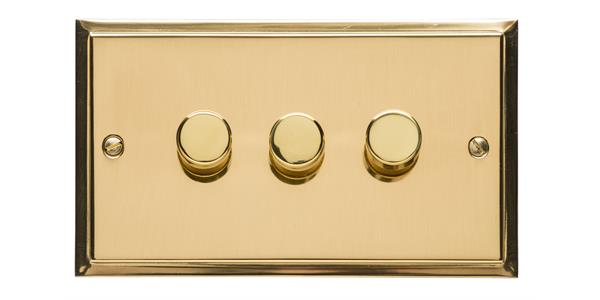 Heritage Brass Electrical, Elite Stepped Plate Range - Polished Brass - 3 Gang Dimmer (250 watts), 3 Gang Dimmer (250 watts), 2 Way Push On/Off Dimmer Switches, 3 Gang Dimmer (250 watts)