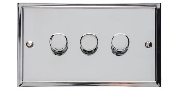 Heritage Brass Electrical, Elite Stepped Plate Range - Polished Chrome - 3 Gang Dimmer (250 watts), 3 Gang Dimmer (250 watts), 2 Way Push On/Off Dimmer Switches, 3 Gang Dimmer (250 watts)