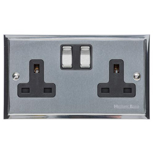 Elite Stepped Plate Range Satin Chrome Switches & Sockets, S03 - Double Socket (13 Amp) by Heritage Brass By M-Marcus