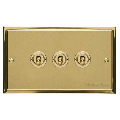 Elite Stepped Plate Range Satin Brass Switches & Sockets, S04 - 3 Gang Toggle Switch by Heritage Brass By M-Marcus