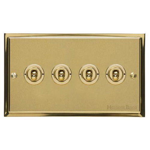 Elite Stepped Plate Range Satin Brass Switches & Sockets, S04 - 4 Gang Toggle Switch by Heritage Brass By M-Marcus