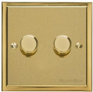 Heritage Brass Electrical, Elite Stepped Plate Range - Satin Brass - 2 Gang Trailing Edge Dimmer, 2 Gang Trailing Edge Dimmer, 2 Gang Trailing Edge Dimmer, Trailing Edge Dimmers