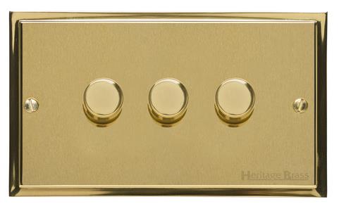 Heritage Brass Electrical, Elite Stepped Plate Range - Satin Brass - 3 Gang Dimmer (400 watts), 3 Gang Dimmer (400 watts), 2 Way Push On/Off Dimmer Switches, 3 Gang Dimmer (400 watts)