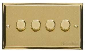 Heritage Brass Electrical, Elite Stepped Plate Range - Satin Brass - 4 Gang Dimmer (250 watts), 4 Gang Dimmer (250 watts), 2 Way Push On/Off Dimmer Switches, 4 Gang Dimmer (250 watts)