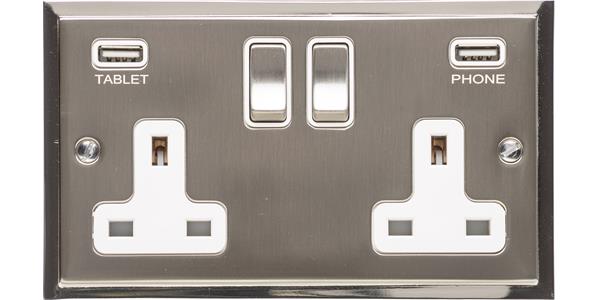 Heritage Brass Electrical, Elite Stepped Plate Range - Satin Nickel - Double USB Socket (13 Amp), Double USB Socket (13 Amp), 13 AMP Switched Sockets, Double USB Socket (13 Amp)