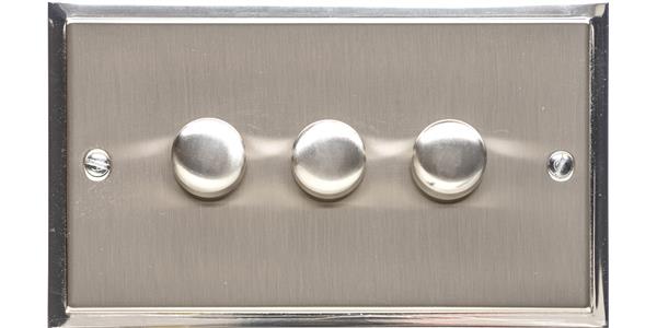 Heritage Brass Electrical, Elite Stepped Plate Range - Satin Nickel - 3 Gang Dimmer (250 watts), 3 Gang Dimmer (250 watts), 2 Way Push On/Off Dimmer Switches, 3 Gang Dimmer (250 watts)