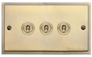 Heritage Brass Electrical, Elite Stepped Plate Range - Antique Brass - 3 Gang Dolly Switch, 3 Gang Dolly Switch, 20 Amp 2 Way Dolly Switches, 3 Gang Dolly Switch