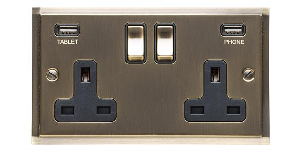 Elite Stepped Plate Range - Antique Brass - Double USB Socket (13 Amp)