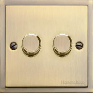 Heritage Brass Electrical, Elite Stepped Plate Range - Antique Brass - 2 Gang Trailing Edge Dimmer, 2 Gang Trailing Edge Dimmer, 2 Gang Trailing Edge Dimmer, Trailing Edge Dimmers