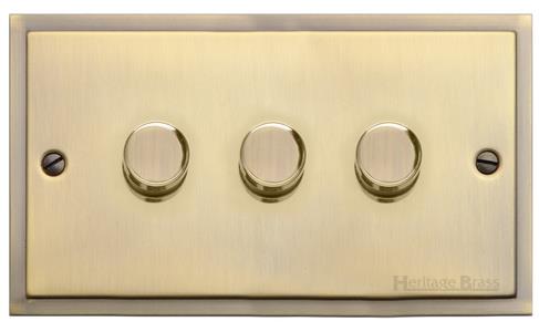 Heritage Brass Electrical, Elite Stepped Plate Range - Antique Brass - 3 Gang Trailing Edge Dimmer, 3 Gang Trailing Edge Dimmer, 3 Gang Trailing Edge Dimmer, Trailing Edge Dimmers