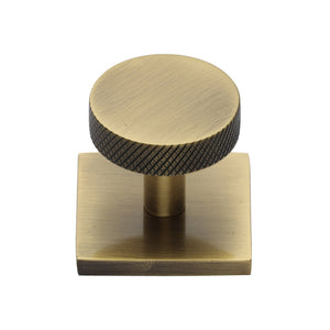 Knurled Disc Cabinet Knob with Square Backplate by M Marcus - Heritage Brass