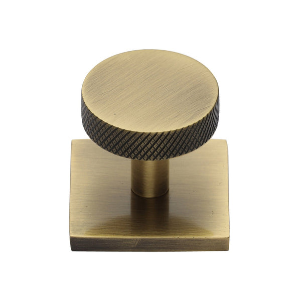 Knurled Disc Cabinet Knob with Square Backplate by M Marcus - Heritage Brass