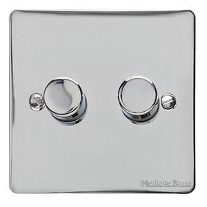 Heritage Brass Electrical, Elite Flat Plate Range - Polished Chrome - 2 Gang Dimmer (250 watts), 2 Gang Dimmer (250 watts), 2 Gang Dimmer (250 watts), 2 Way Push On/Off Dimmer Switches