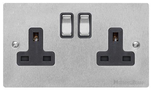 Heritage Brass Electrical, Elite Flat Plate Range - Satin Chrome - Double Socket (13 Amp), Double Socket (13 Amp), 13 AMP Switched Sockets, Double Socket (13 Amp)