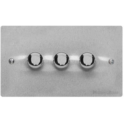 Elite Flat Plate Range Satin Chrome Switches & Sockets, T03 - 3 Gang Dimmer 250 watts (Compatible with halogen/ incandescent bulbs) by Heritage Brass By M-Marcus