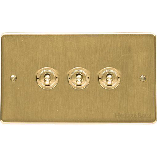 Elite Flat Plate Range Satin Brass Switches & Sockets, T04 - 3 Gang Toggle Switch by Heritage Brass By M-Marcus